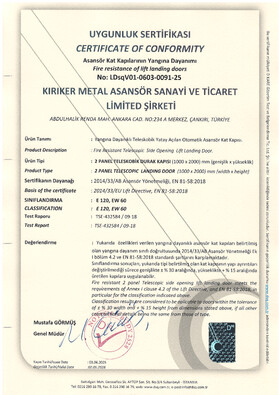 E 120, EW 60 Uygunluk Sertifikası – Yangın Dayanımı – LDsqV01-0603-0091-25